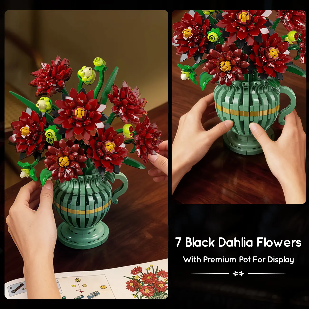 Black Dahlia Flowers Bonsai Building Set, Botanical Collection