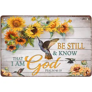 Vintage Be Still & Know That I Am God Metal Tin Sign Inspirational Scripture Poster Sunflower Bible Verse Wall Art Sign Hummingbirds Biblical Decor For Home Garden Kitchen