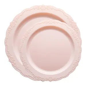Pink Vintage Round Disposable Plastic Dinnerware Value Set