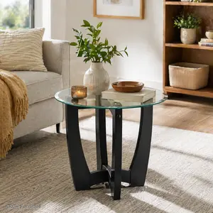 ARCH 23.5 inch round glass coffee table, black round coffee table center table with glass top, small coffee table for living room, office and apartment