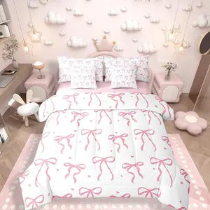 Kawaii Bowknot Comforter Bed Set,7 Pieces Girls Pink Bow Bedding Set,Cute Girly Ribbon Bow Bed Bag,Kids Teens Child Women,Pink Bow Knot Sheet Comforter