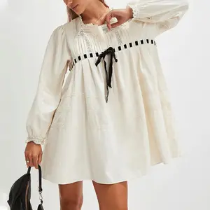 Women Mini Dress, Vintage Long Sleeve Tie-up Patchwork Casual Dress Loose Fall Dress Light Womenswear Feminine Polyester Style Summer Cotton Cute Multicolor parijan outfits birthday dresses