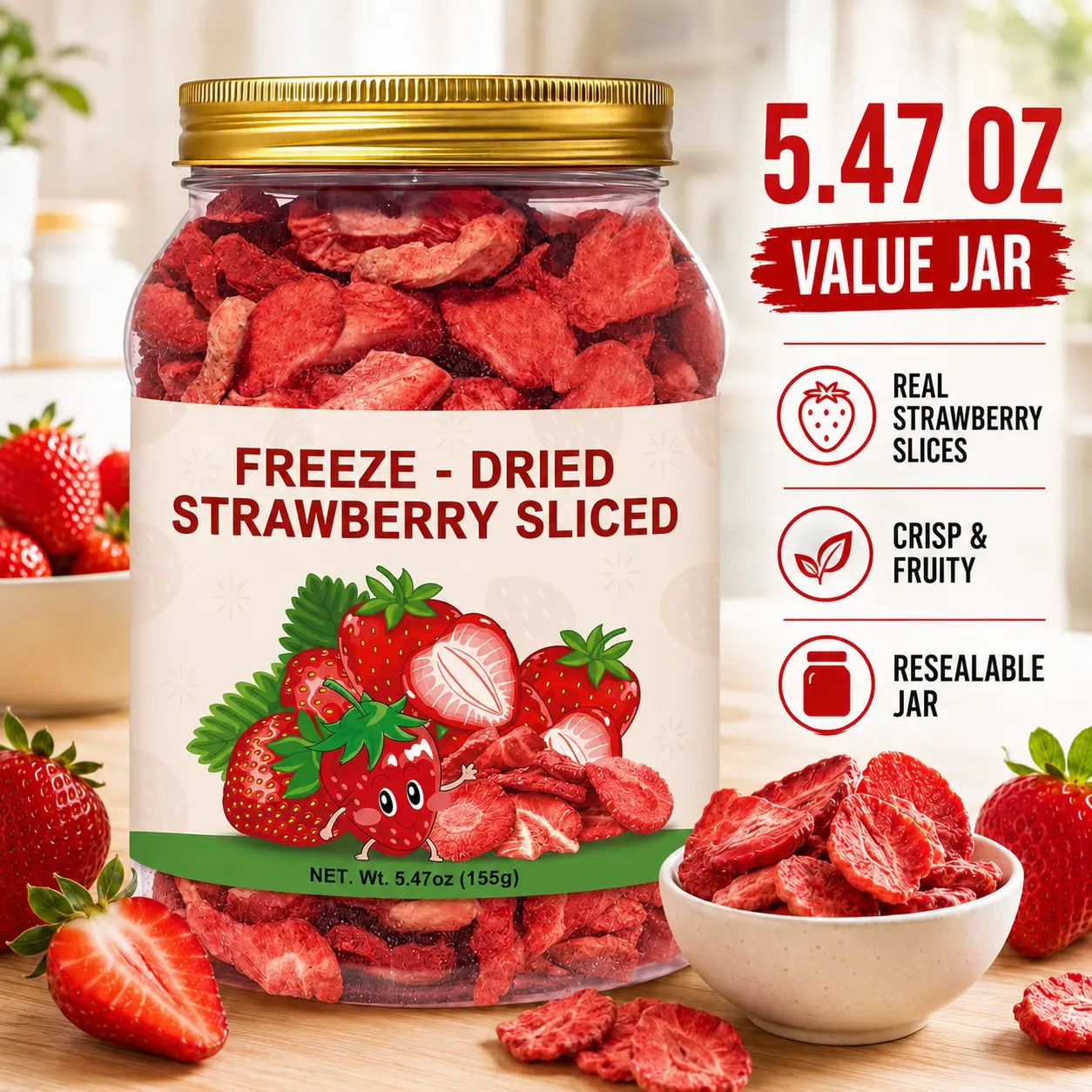 「DEAL for YOU」Freeze Dried Strawberry Slices 5.47oz – Crispy Natural Strawberry Snack for Yogurt, Smoothies, Oatmeal, Baking & Desserts – Resealable Jar Fruit Dry
