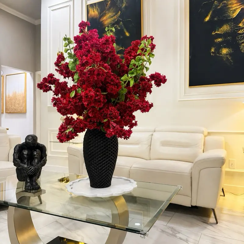 Luxury Red Cherry Blossom Arrangement, Real Touch Artificial Flowers in Black Vase, Home Decor Centerpiece