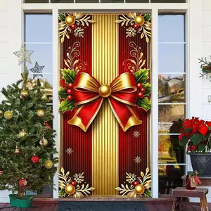 Merry Christmas Door Cover 35x71 Christmas Gift Box Present Hanging Banner Decoration Winter Holiday Bow Window Door Cover Red and Gold Stripes Ornaments New Year Party Home Wall Outdoor​
