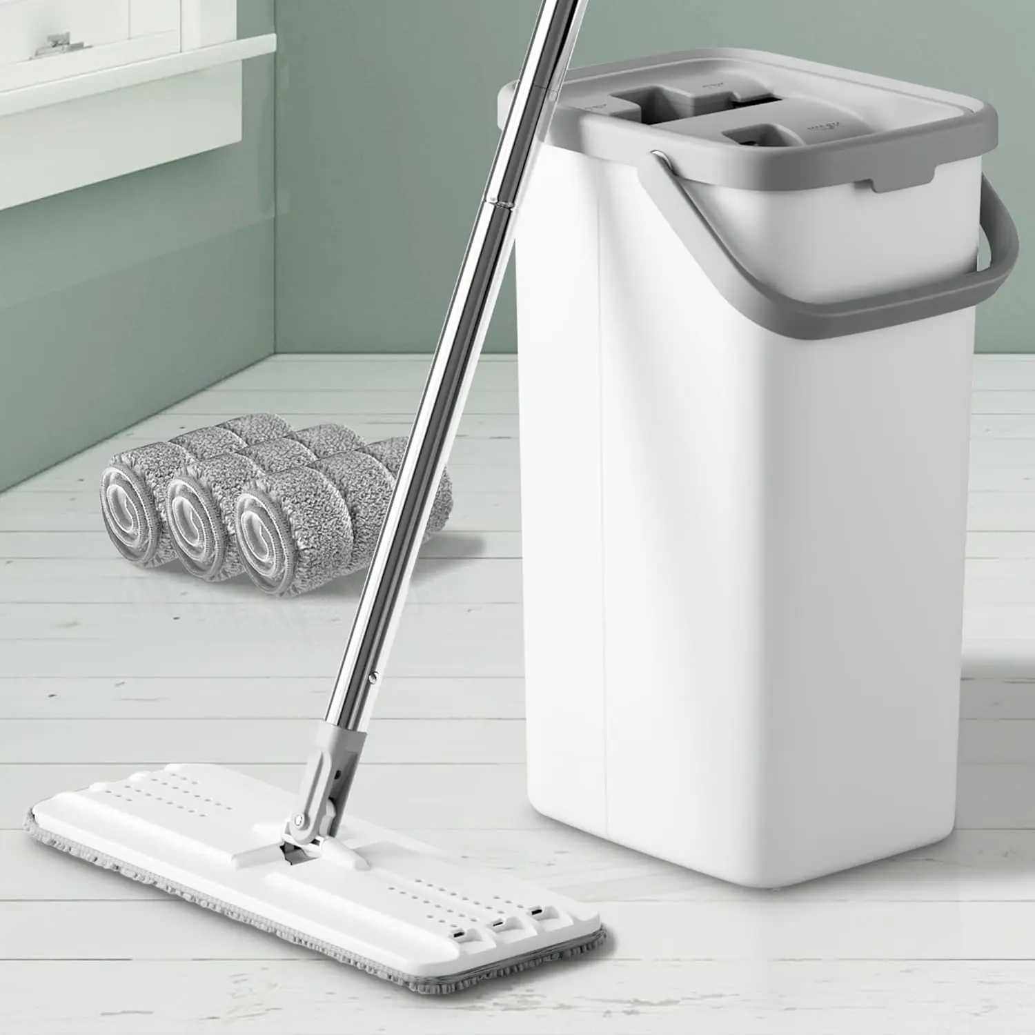 Mop and Bucket with Wringer Set, Hands Free Flat Floor Mop and Bucket, 3 Washable Microfiber Pads Included, Wet and Dry Use, Home Floor Cleaning System for All Floor Types and Windows