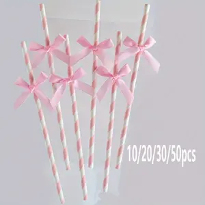 10/20/30/50pcs Glitter Bow Decorative Straws, Cute Cartoon Stripe Paper Straws, Wedding Gender Reveal Party Supplies, Baby Shower Birthday Celebration School Use, Utensils