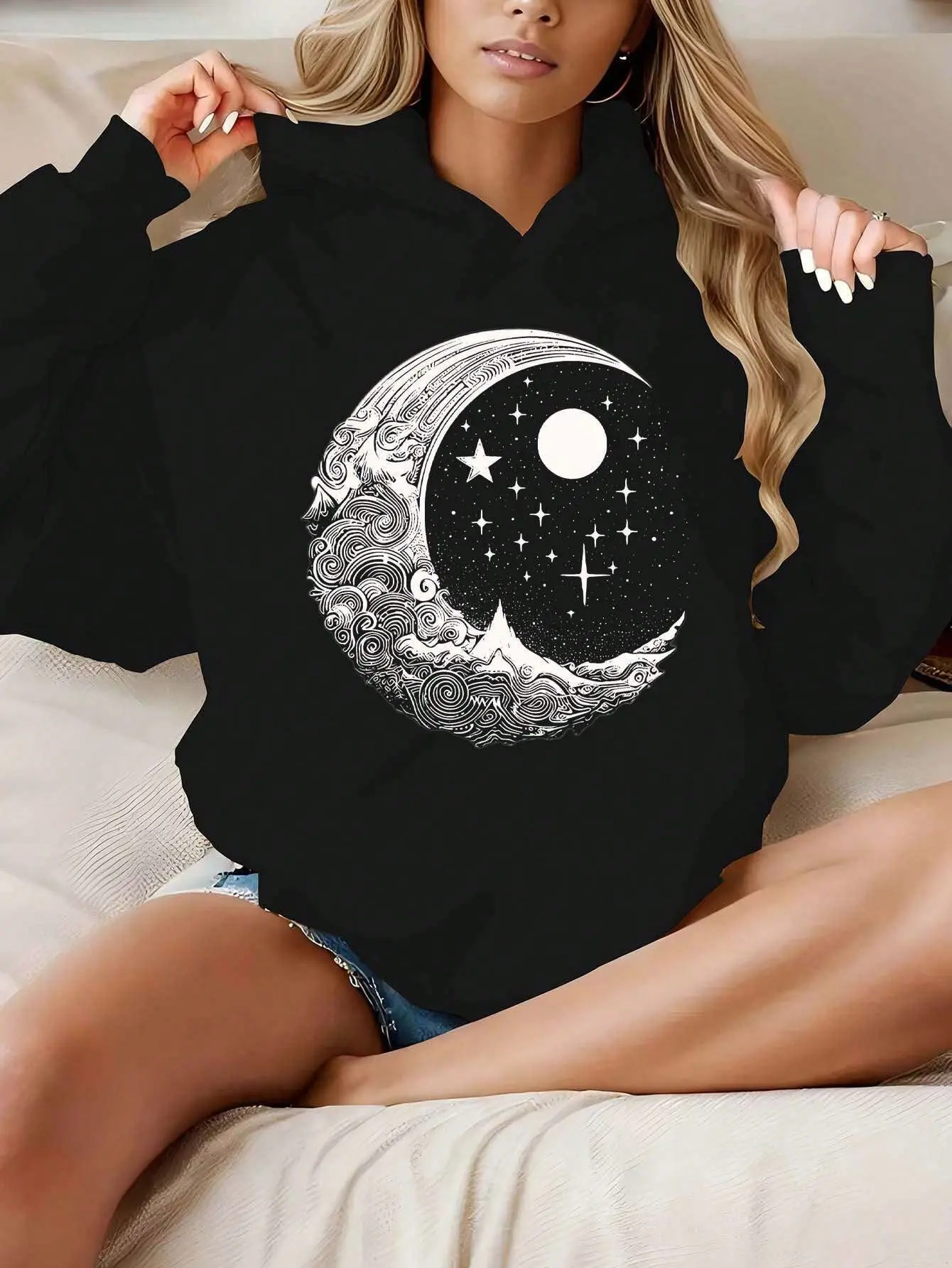 Women's Sporty Casual Moon and Star Print Hoodie, Long-Sleeve Cotton Pullover Top for Everyday Wear and Comfy Ootd, Fabric, Piece