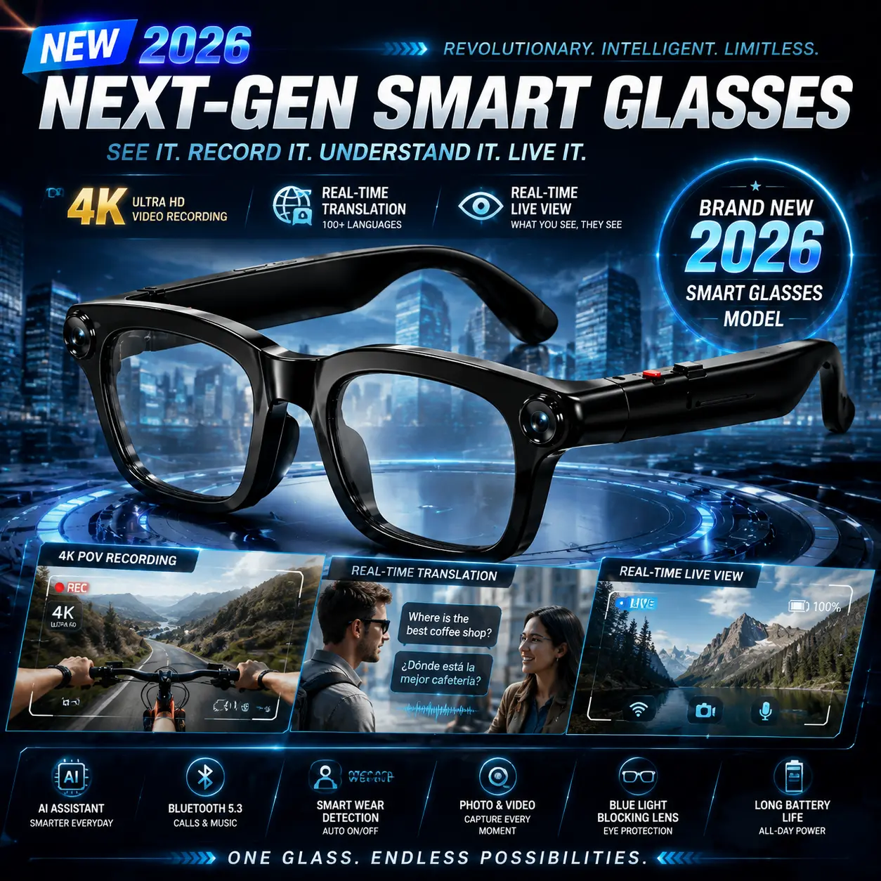 AI Smart Glasses with 8MP Camera & 1080P Video Recording, Photochromic Lenses, Voice Assistant, Smart Wear Detection touch sunglass button control pro Wearable, Smart Sunglasses With Camera, Recording Glasses