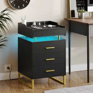 Sikaic LED Nightstand With Charging Station And 3 Drawers And 1 Pull-Out Tray Led Nightstand Furniture Home Table Bedroom