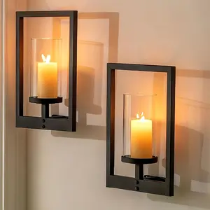 Black Candle Sconces Wall Decor: Set of 2 Metal Morden Style Frame Wall Candle Holder with Hurricane - Wall Mounted Minimalism Decorations for Living Room Hallway