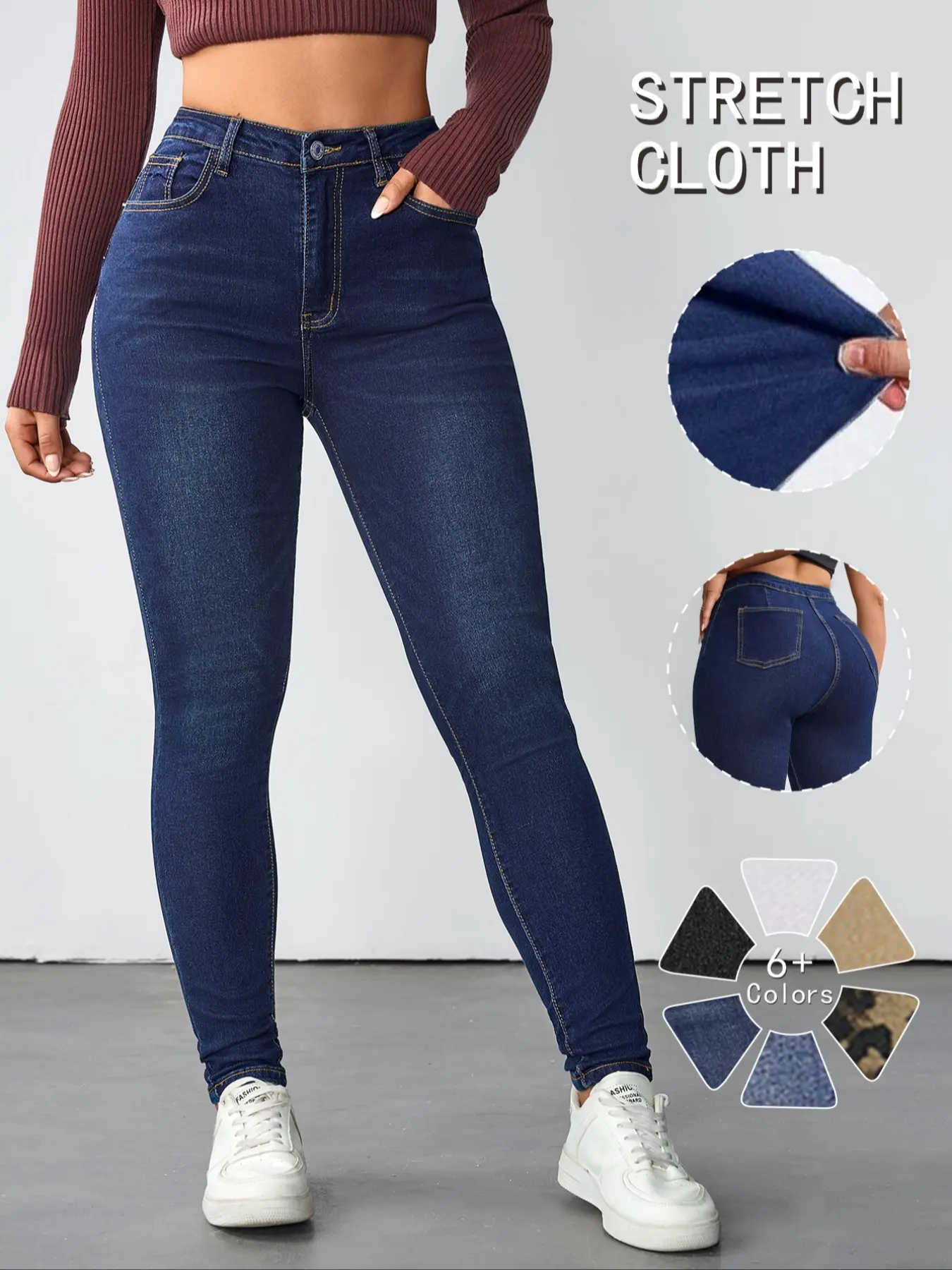 Women's High Waist Slim-Fit Dark Wash Denim Jeans, Stretchy Elastic Leopard Print Long Pants, Casual Style Daily Wear, Soft Comfortable, Plus Size Available