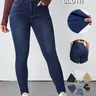Women's High Waist Slim-Fit Skinny Dark Wash Denim Jeans, Stretchy Elastic Leopard Print Long Pants, Casual Style Daily Wear, Soft Comfortable, Plus Size Available, Jeans High Waisted