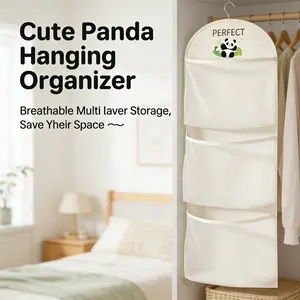 34.25" Large Hanging Closet Organizer Shelves, 3-Tier Panda Design Wardrobe Storage Pockets, Breathable Mesh Fabric Organizer for Nursery, Bedroom