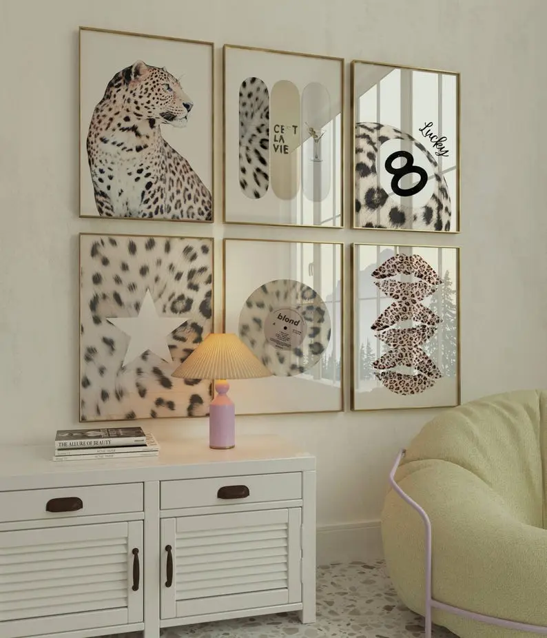 Set of 6 Neutral Leopard Wall Art Print | Retro Y2K Fashion Posters | Cheetah Y2k Print Gallery Wall | Aesthetic Skateboard | 8 Ball Lucky