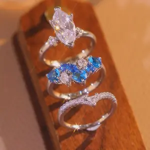 3pc/set Shiny Silverly V Letter CZ Ring Set with Blue Star-Shaped Design, Trendy Aesthetic Gift Jewelry Blue Details & Star Design, Must-Have Jewelry Gift for Lovers