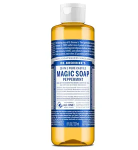 Dr. Bronner's Pure-Castile Magic Liquid Soap (Peppermint, 8 Ounce)- Made with Organic Oils, 18-in1 Uses: Face, Hair, Hand & Body Soap, Laundry, Pets- Concentrated, Vegan, Non-GMO