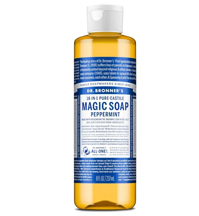 Dr. Bronner's Pure-Castile Magic Liquid Soap (Peppermint, 8 Ounce)- Made with Organic Oils, 18-in1 Uses: Face, Hair, Hand & Body Soap, Laundry, Pets- Concentrated, Vegan, Non-GMO