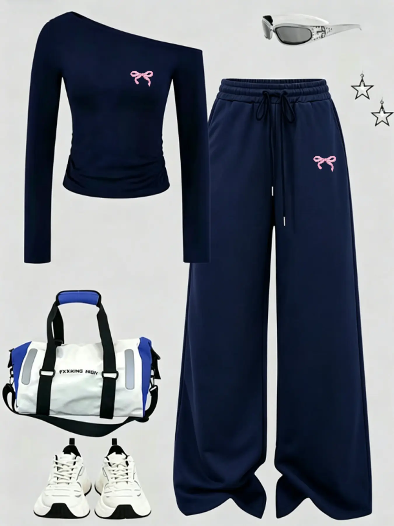 Navy Bow Off-Shoulder Top & Wide Leg Sweatpants 2-Piece Set, Casual Slim-Fitting Polka Dot, Comfortable Spring Fashion