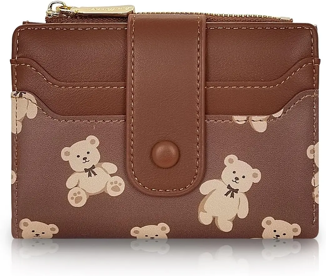 Cute Wallet for Women, Bear Print Zip Bifold Wallet with Front Card Slot, ID Window,  Slot, Short Women Wallet Elegant Youthful and Cute (Brown)