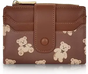 Cute Wallet for Women, Bear Print Zip Bifold Wallet with Front Card Slot, ID Window,  Slot, Short Women Wallet Elegant Youthful and Cute (Brown)