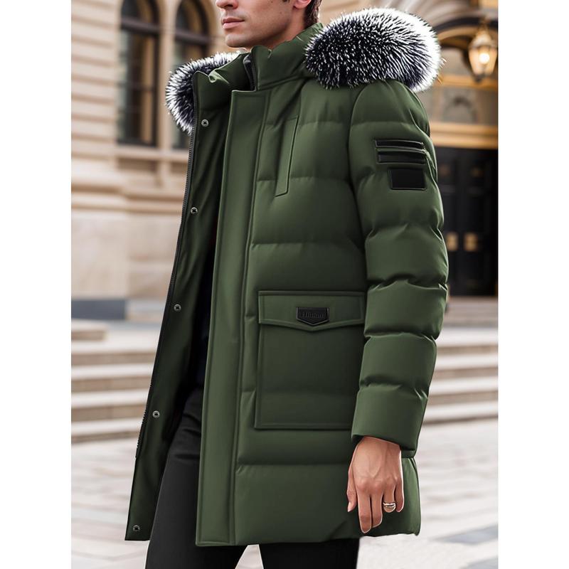 Men's Heavy-Duty Winter Coat with Detachable Fur-Like Hood & Collar - Long Jacket, Large Pockets, -Filled Cold-Weather Outerwear for Skiing, Commuting - Hand Washable (No-Stretch)