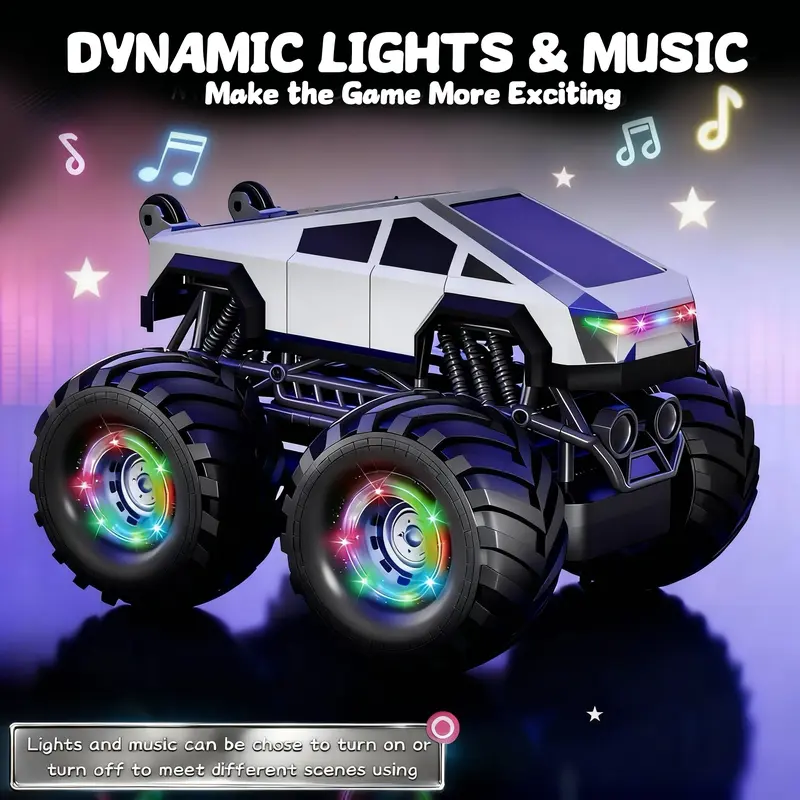 1:18 Scale Plastic RC Off-Road Cyber Truck Toy - 2.4GHz 4WD Remote Control Mountain Climbing Stunt Car, Large Wheels, 360-degree Rotating, Lights, Music FX, Rechargeable Built-in Cells, Unisex Gift for 3-4 Years Old Kids