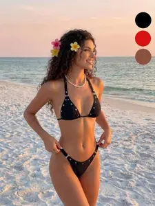 Sexy Black Studded Triangle Bikini Set, Halter Neck Tie & Thong Bottoms, Trendy Women's Swimwear for Pool Parties, Swimsuit Set, Bikinis Sets