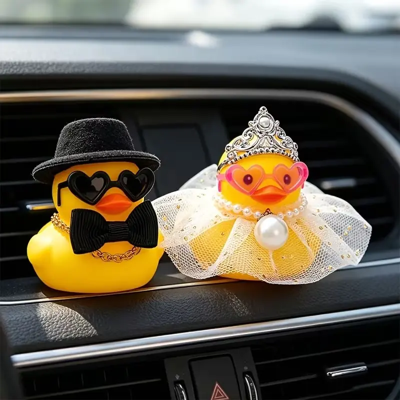 Wedding Couple Duck Figurines Set, Heart Glasses, Veil, Cylinder Hat, Non-Slip Adjustable, Car Dashboard, Arch, Desk Decor, Anniversary Gift