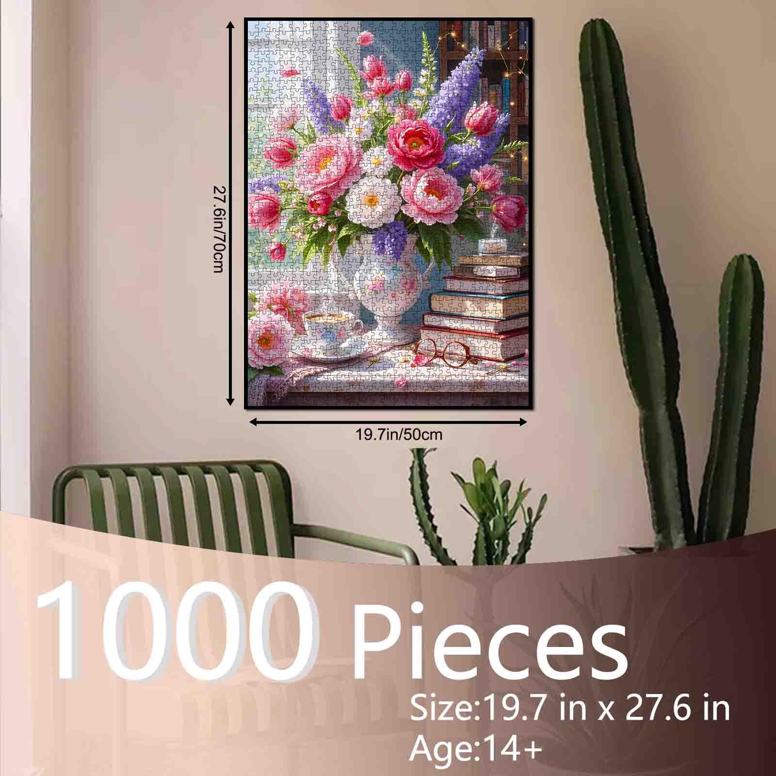 Tucocoo Romantic Flower Arrangement with Books 1000 Pieces Jigsaw Puzzle for Adult, pink blooms in vase beside stacked books warm light cozy reading scene, relaxing hobby brain training family fun decorative wall art gift 27.5x20inch 70x50cm