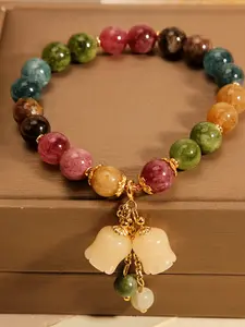 Rainbow Lotus Colorful Gemstone Bracelet for Women, Unique Design Luxury Hand Chain with Andesite Bellflower Pendant, Perfect Gift for Friends and Girlfriend