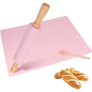 3Pcs Silicone Rolling Pin for Baking Sets,15Inch Pastry Dough Roller with Wooden Handle Silicone Mat and Brush, Non Stick Surface Rolling Pins for Dough Cookie Baking Supplies Kitchen Accessories