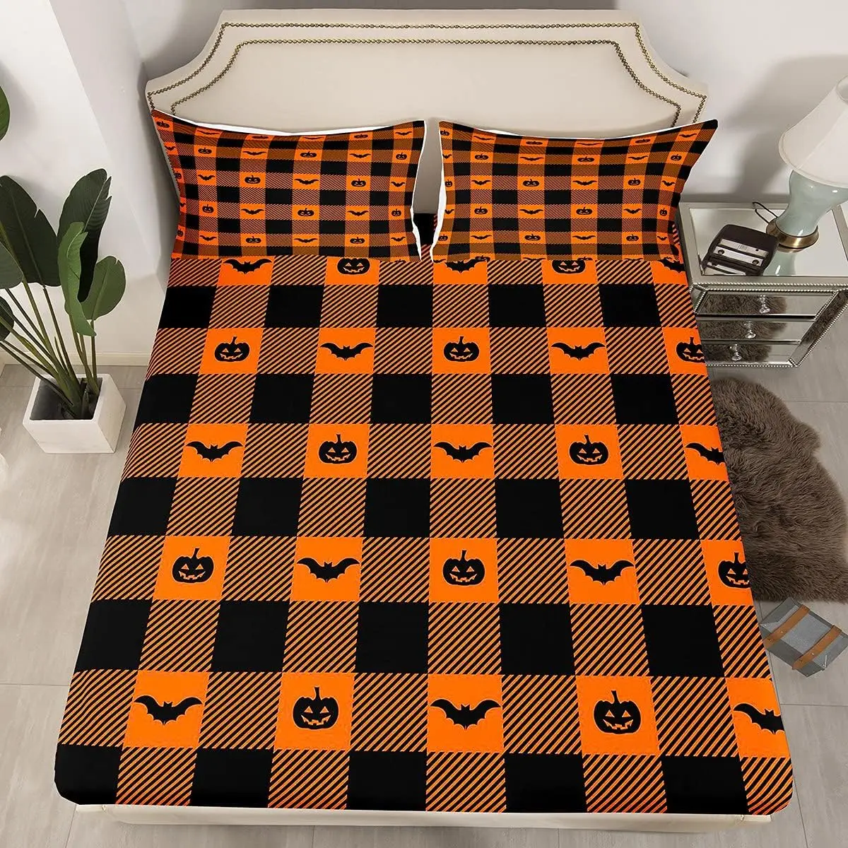 Feelyou Halloween Bat-Pattern Bedsheet Set, Microfiber Bedding with Cartoon Pumpkin Lantern & Geometric Lattice Decor, Orange Black Fitted Sheet & Bed Cover, Bedsheet Sets, Microfiber Bedding Set