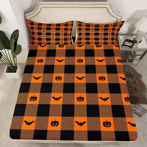 Cartoon Pumpkin Lantern Bats Bedding Sheets,Halloween Bed Sheet Set,Geometric Lattice Decor Bedding Fitted Sheet,Orange Black Bed Cover