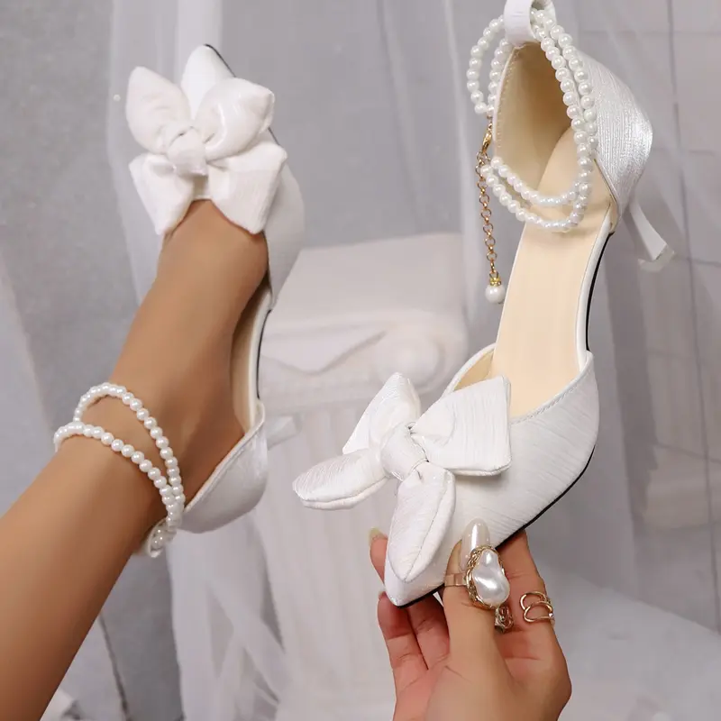 Women's Pointed Toe Bow Pearl Stiletto High Heels, Wedding Party Single Shoes, Elegant Evening Dress Shoes, Bridal Shoes, Elegant Fashionable Sandals, Bowknot Heels, Evening Footwear