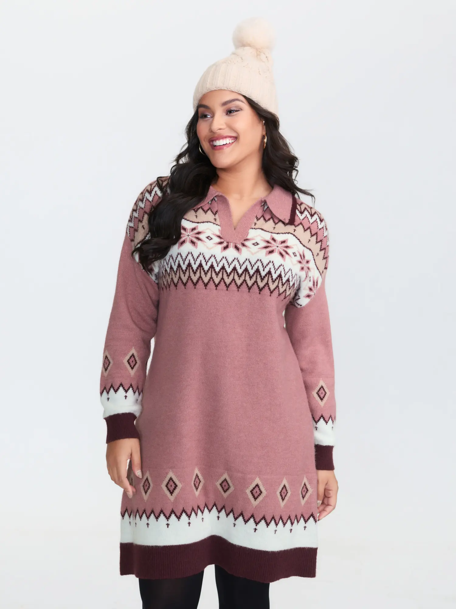 BLOOMCHIC Women's Stylish Casual Boho Geometric Jacquard Contrast Garment Long Sleeve Sweater Dress - Blush Pink, Flattering Fit, Drop Shoulders, Polo Collar, Low Iron, Leisure Wear, Nylon-Polyester-Acrylic Fabric, Composite, Clothes, Casual Boho Bohemian