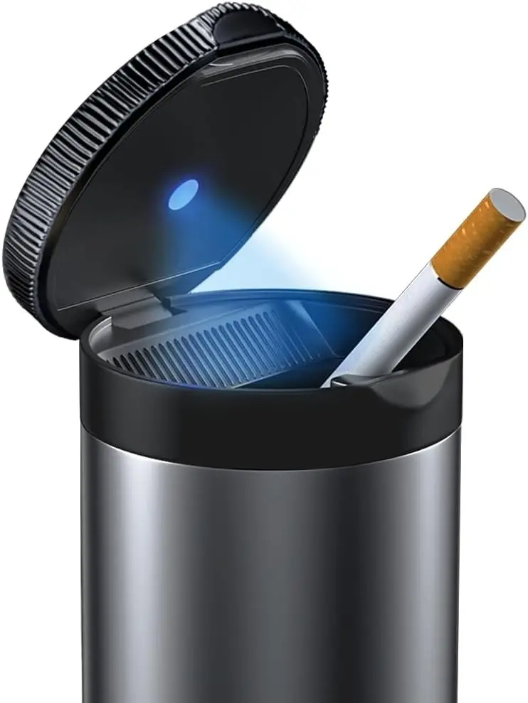 Car Ashtray with Lid Smokeless Cup Holder Ash Tray Odor Proof Stainless Steel with LED Light for Vehicle Office Home Universal Fit