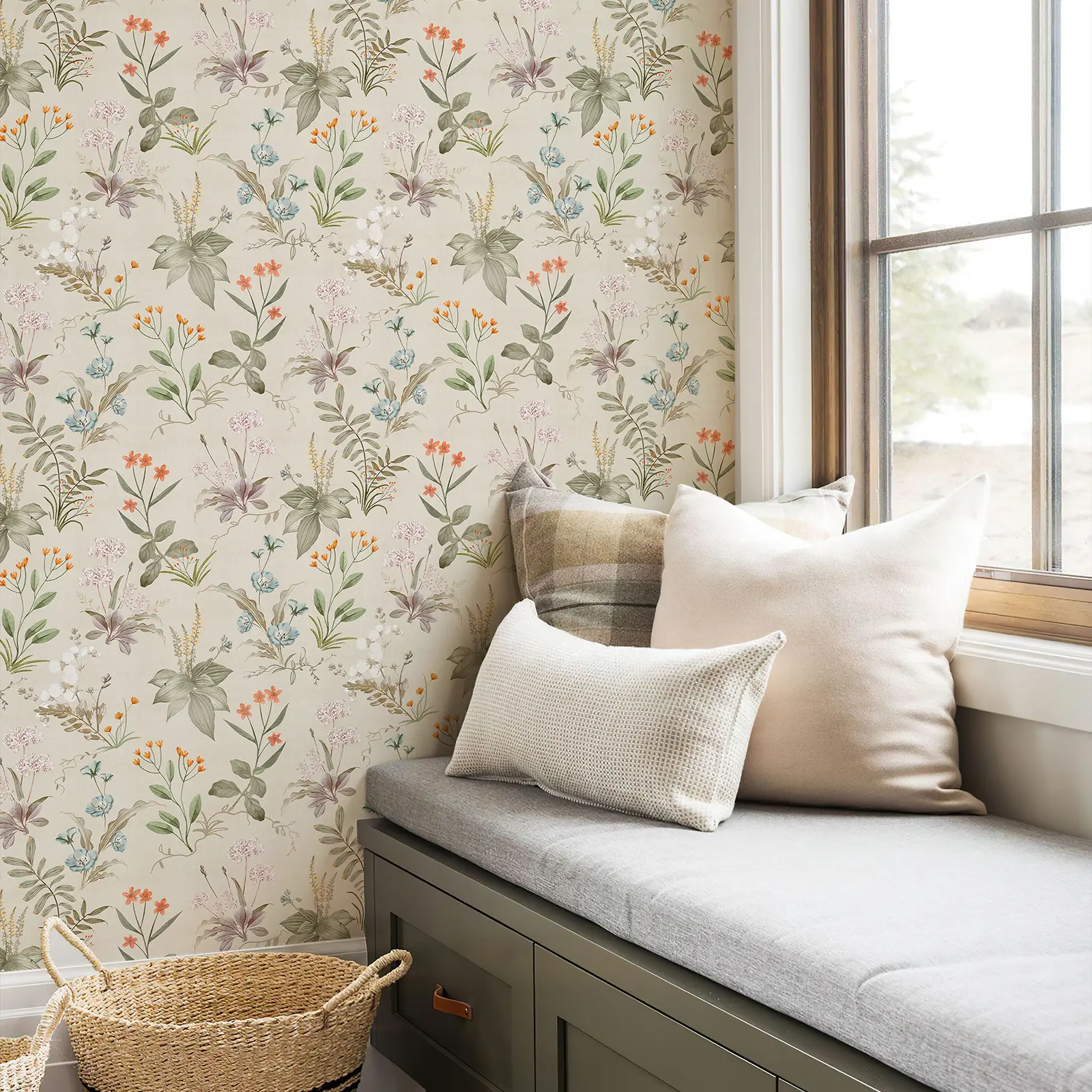 JIFFDIFF Beige Floral Peel and Stick Wallpaper, Vintage Botanical Self Adhesive Wall Covering for Bedroom, Living Room and Accent Wall