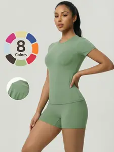 Women's Two-Piece Short Sleeve Top and Shorts Set, Sexy Casual Design, Comfortable Fit, Perfect for Daily Wear, All Seasons, Plain Style