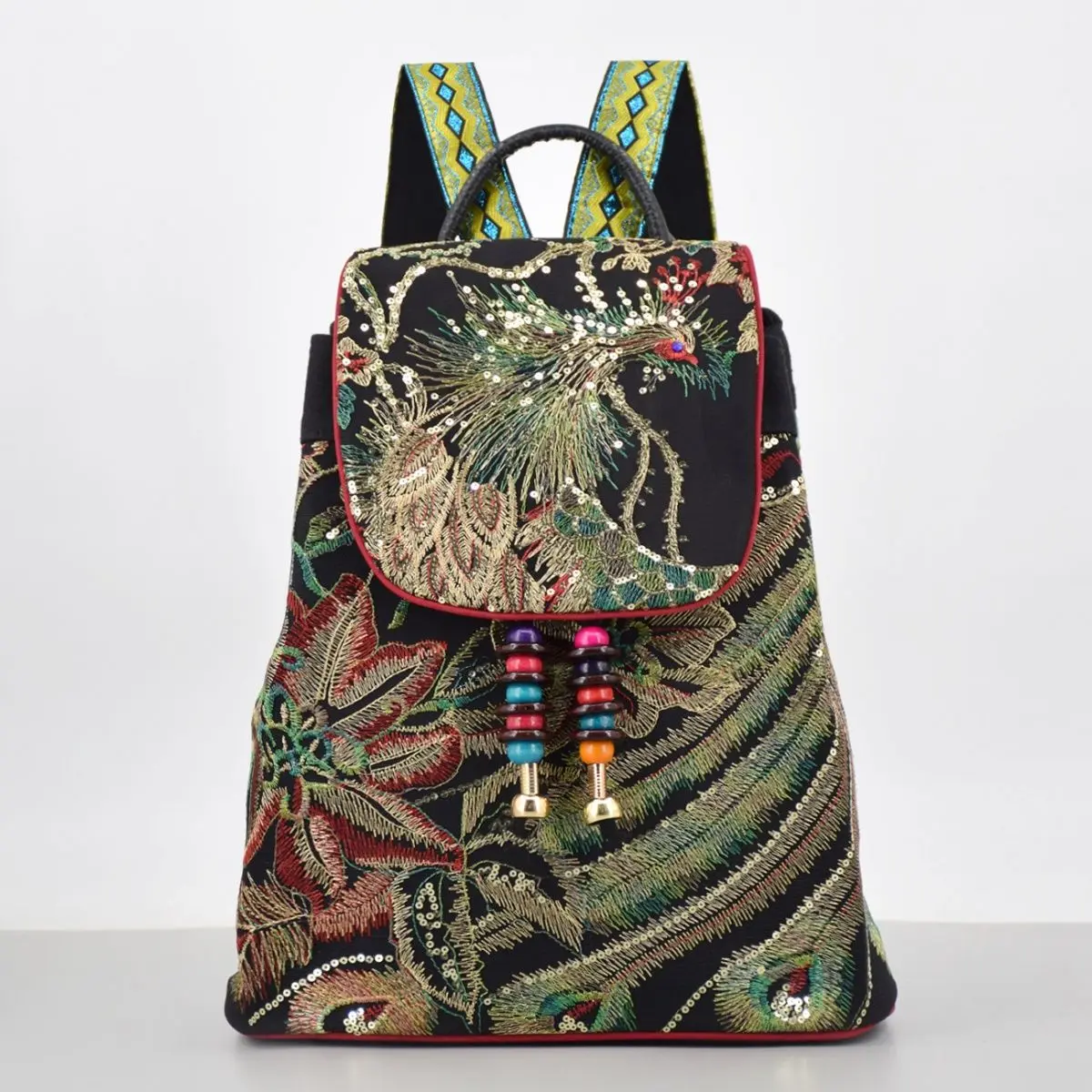 Boho Embroidered Floral Convertible Backpack Purse Canvas & Faux Leather Boho Floral Embroidered Canvas Backpack-women main image 4