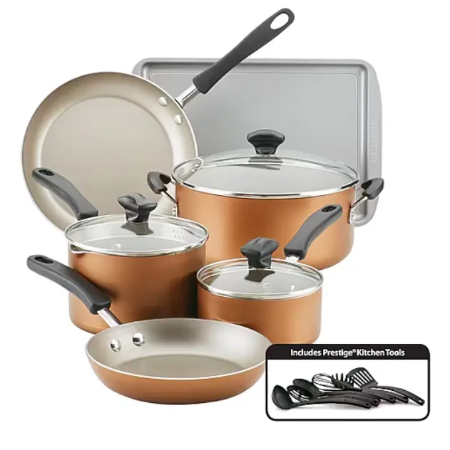 Farberware 15-Piece DiamondMax Nonstick Pots and Pans Set, Heavy Gauge Aluminum Cookware with Glass Lids, Skillets, Saucepans, Dutch Oven, Cookie Sheet, Cooking Utensils, Dishwasher Safe, Oven Safe, Kitchen Cookware Set for Home