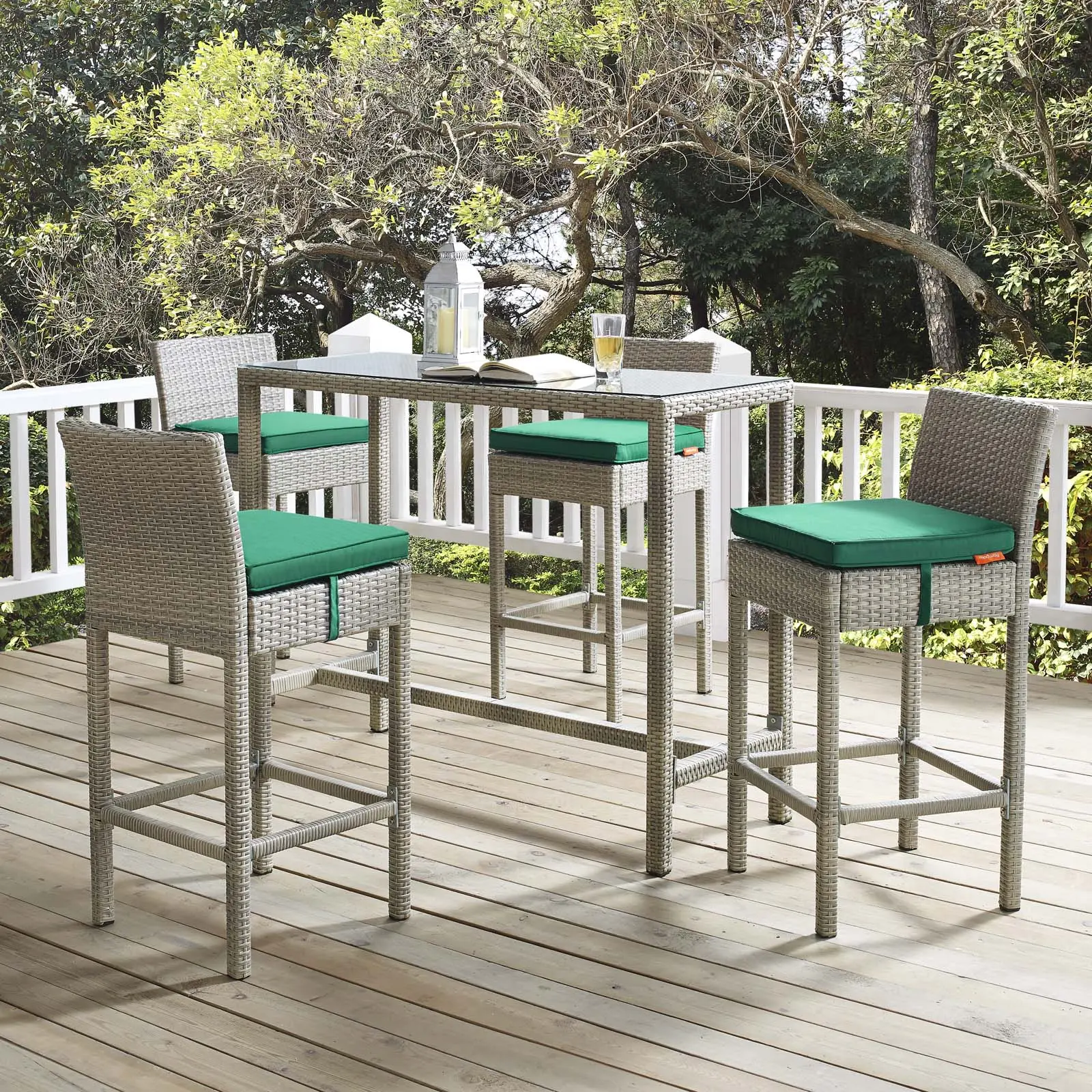 Modway Conduit Bar Stool Outdoor Patio Wicker Rattan Set of 4 in Light Gray Green