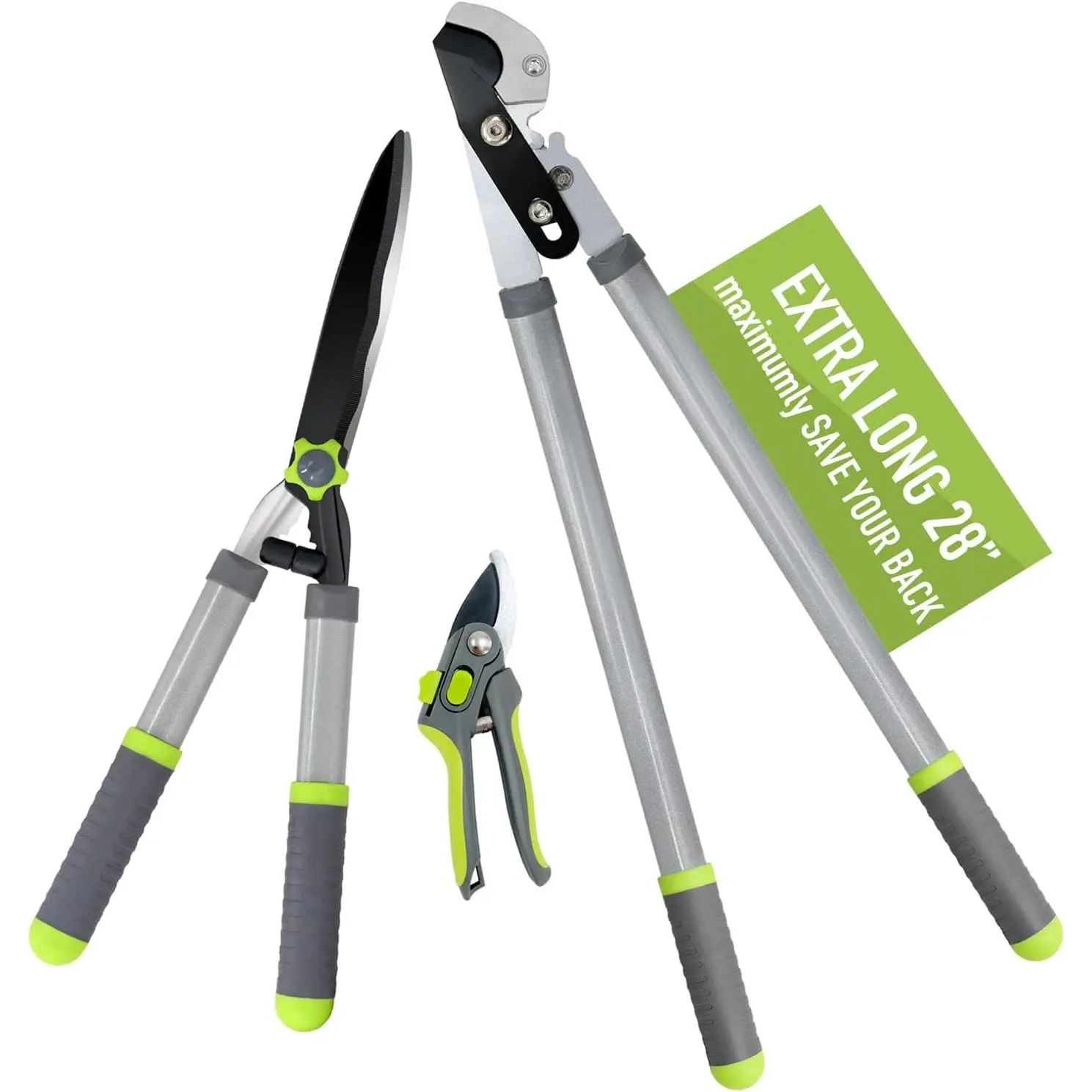 Heavy Duty Garden Loppers & Pruning Shears Combo Set - Updated Hedge Clippers Combo Set, Compound Action Tree Trimmer, Tool Kit for Chops Thick High Branch Cutting, Professional Use