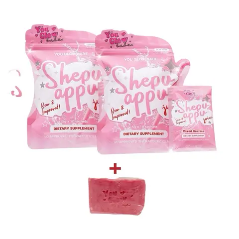 2 Packs YOU GLOW BABE Shepu Appu Juice + 1 Bar Soap – Mixed Berries | L-Carnitine, Glutathione, Probiotics & Vitamin C Drink Mix | 15g x 10 Sachets