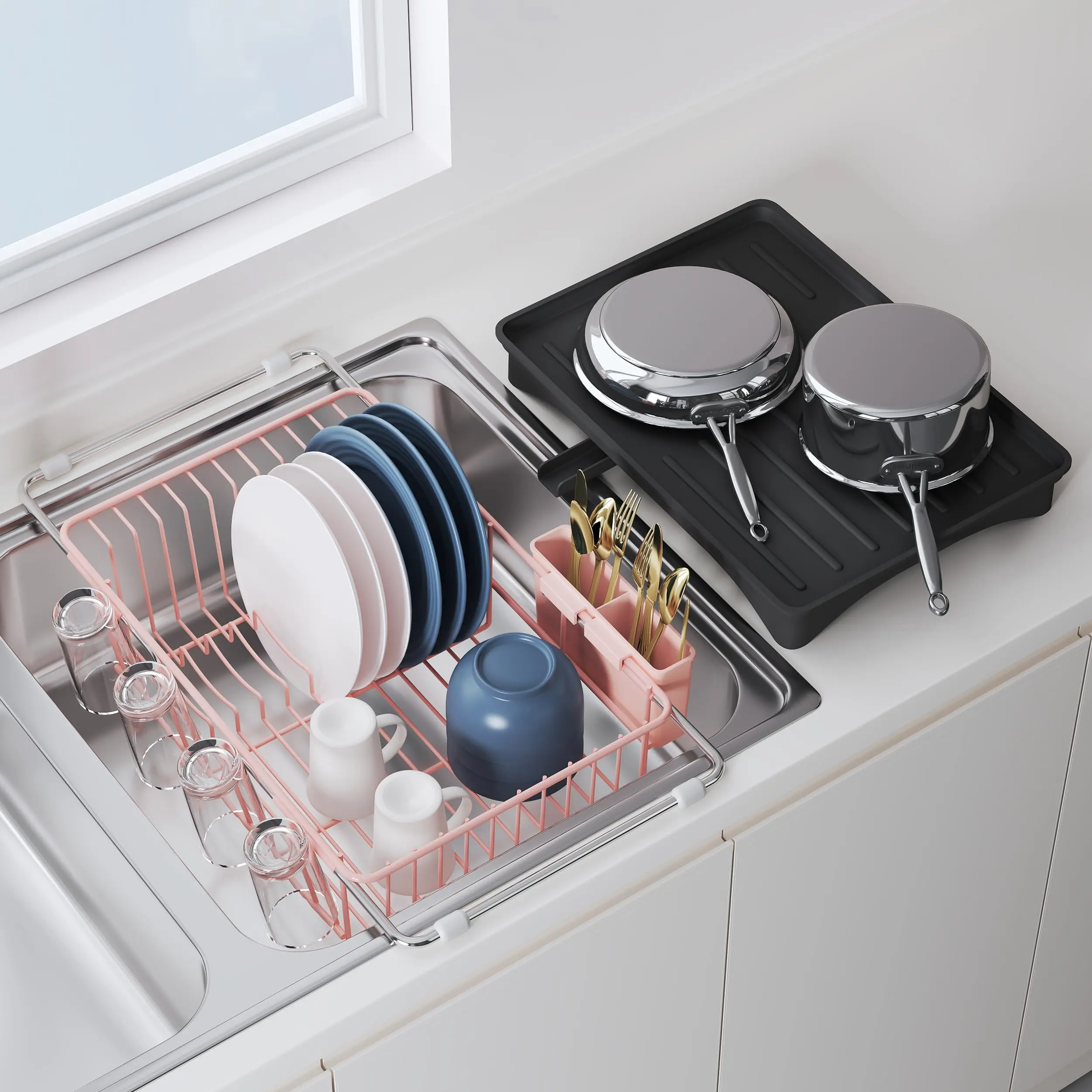 Adjustable In Sink Dish Drying Rack, Rustproof Stainless Steel Strainer with Cup and Utensil Holder for Small Countertops