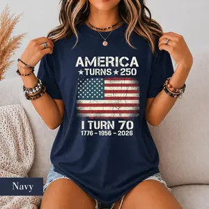 Vintage Cracked American Flag Graphic T-Shirt, America Turns 250 I Turn 70 1956 Birthday Short Sleeve Navy Tee, Patriotic Birthday Casual Outfit Top For Women