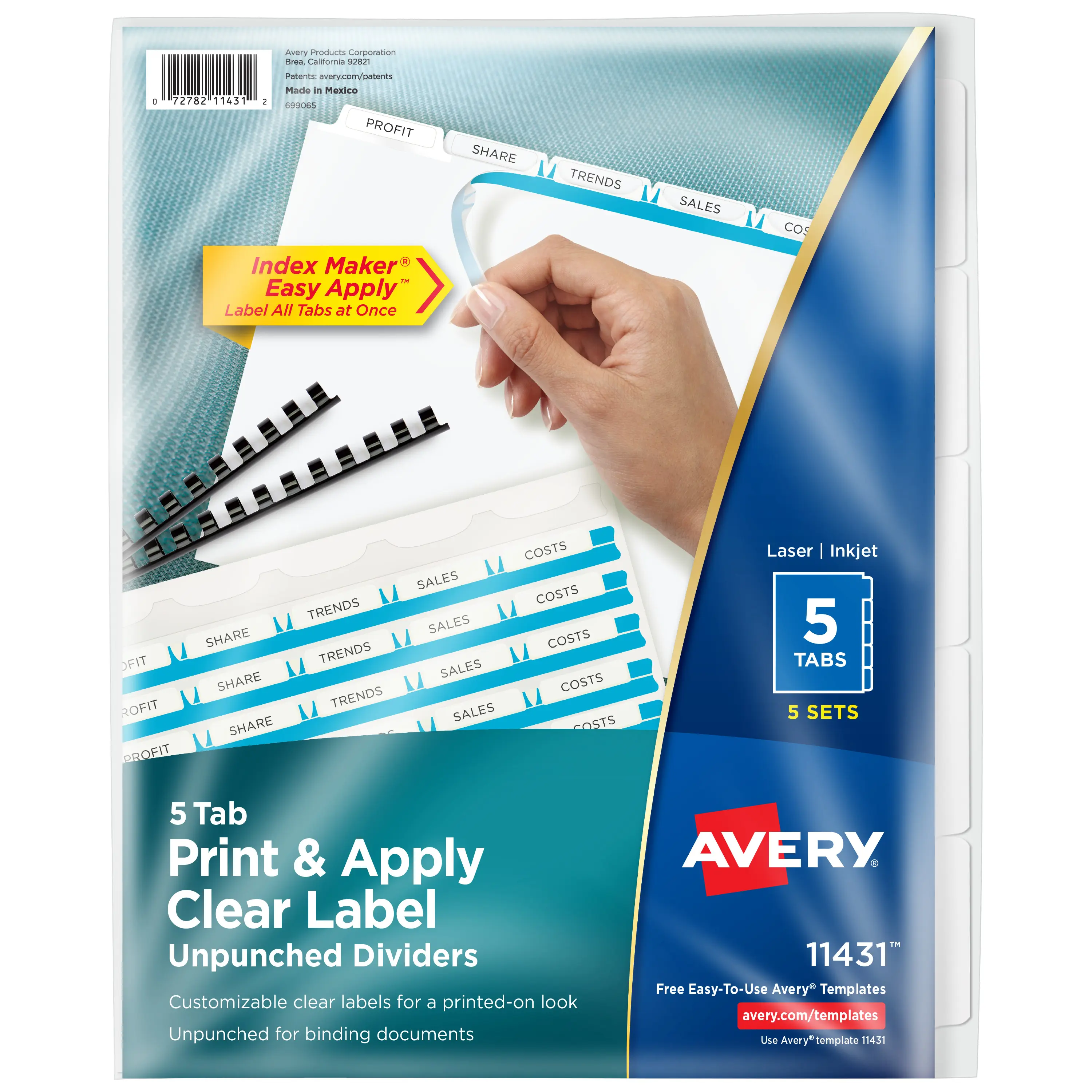 Avery 5 Tab Unpunched Dividers, Easy Print & Apply Clear Label Strip, Index Maker Customizable White Tabs, 5 Sets (11431)