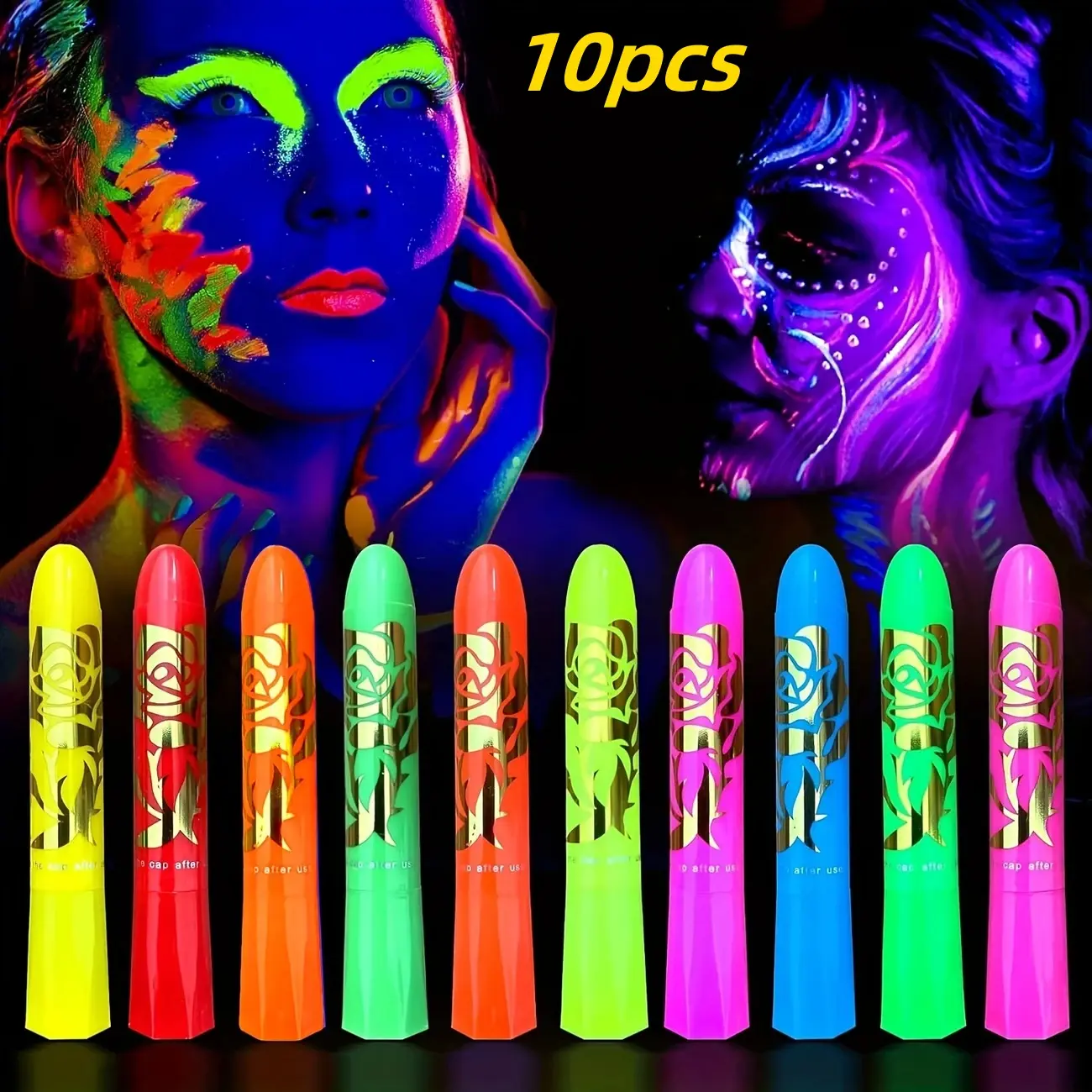 10pcs Neon Glow Face and Body Paint Sticks, UV Fluorescent Crayons for Parties, Halloween, Christmas, Costume Events, Fluorescent Effect, Glow Paint for Festivals