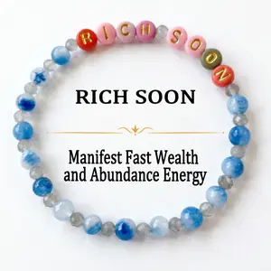 Memorial Day Sale Natural Blue Quartz Manifestation Bracelet with "RICH SOON" Letter Beads, Grey Labradorite Beaded Stretch Bracelet for Money Luck & Abundance, Handmade Spiritual Crystal Jewelry for Women Men, Perfect Gift for Manifesting