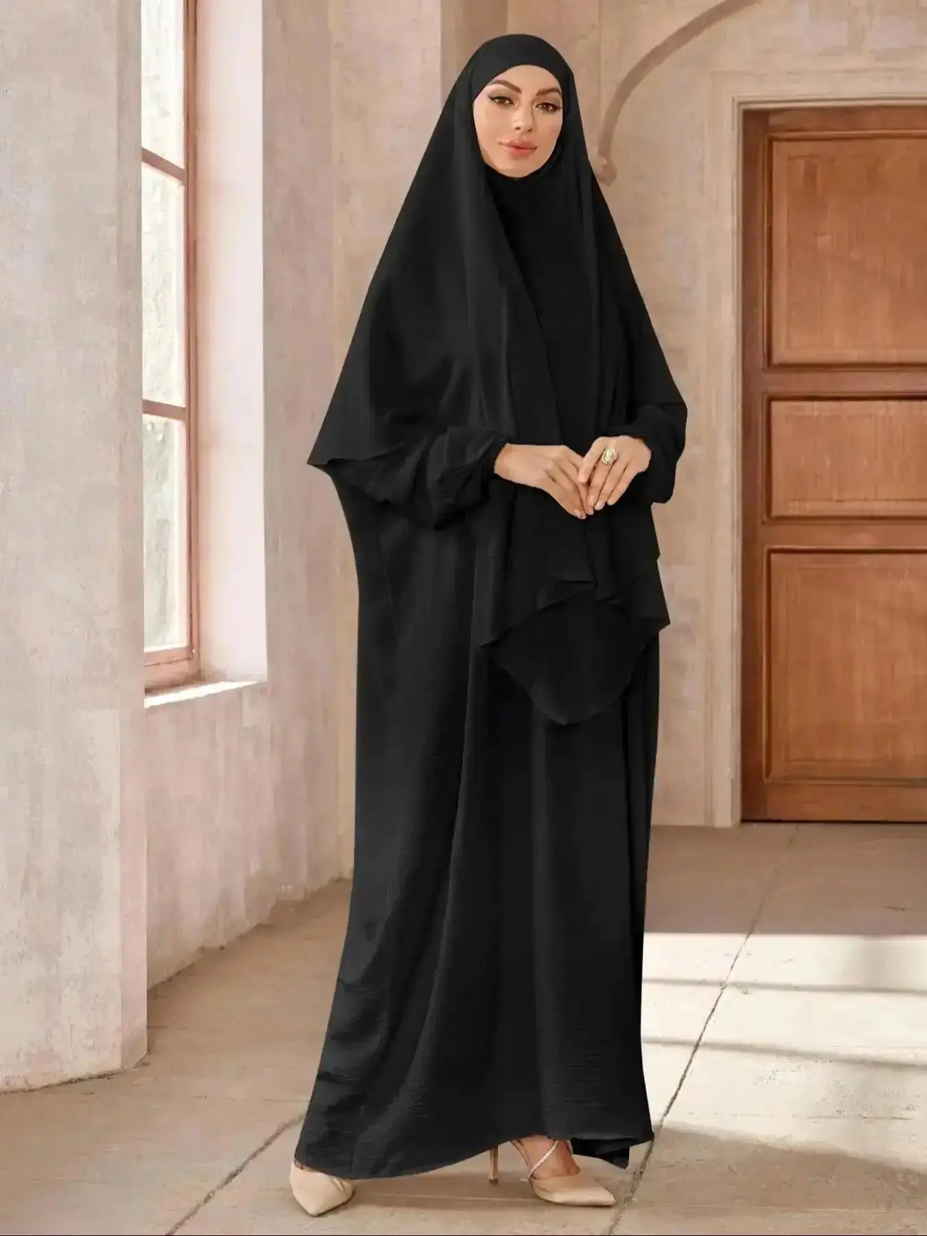 Women's Solid Color Long Sleeve Arabian Dress with Hijab, Modest Casual Two-piece Outfit for Daily Wear, Dresses Women, Ladies Muslim Islamic Clothing All Seasons, Modesty Outfits, Elegant, Formal, Versatile